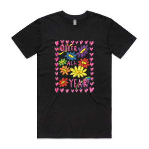 Queer All Year Tee by Lonely Kids Club. All clothing from our T-shirts to our shorts and hoodies are ethically made, and printed packed and shipped from Sydney.