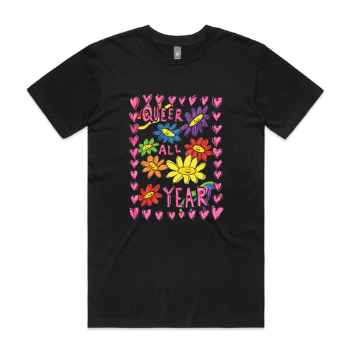 Queer All Year Tee by Lonely Kids Club. All clothing from our T-shirts to our shorts and hoodies are ethically made, and printed packed and shipped from Sydney.