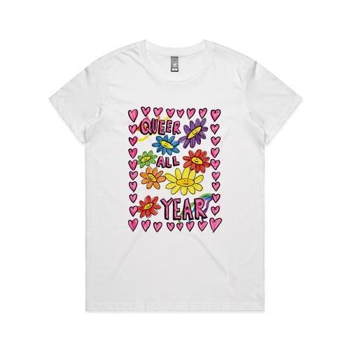 Queer All Year Tee by Lonely Kids Club. All clothing from our T-shirts to our shorts and hoodies are ethically made, and printed packed and shipped from Sydney.