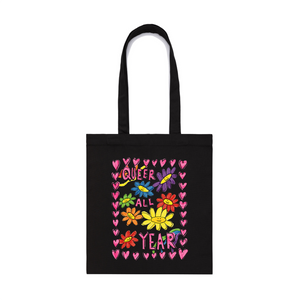 Queer All Year Tote by Lonely Kids Club. All clothing from our T-shirts to our shorts and hoodies are ethically made, and printed packed and shipped from Sydney.