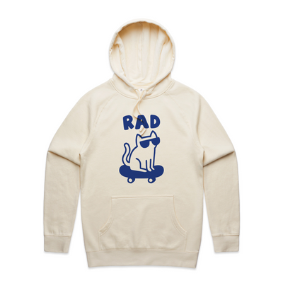 Rad Cat Hoodie by Lonely Kids Club. All clothing from our T-shirts to our shorts and hoodies are ethically made, and printed packed and shipped from Sydney.