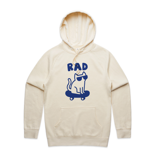 Rad Cat Hoodie by Lonely Kids Club. All clothing from our T-shirts to our shorts and hoodies are ethically made, and printed packed and shipped from Sydney.