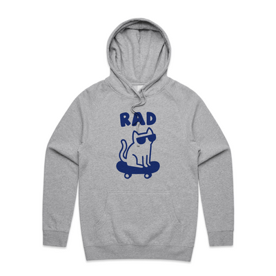 Rad Cat Hoodie by Lonely Kids Club. All clothing from our T-shirts to our shorts and hoodies are ethically made, and printed packed and shipped from Sydney.