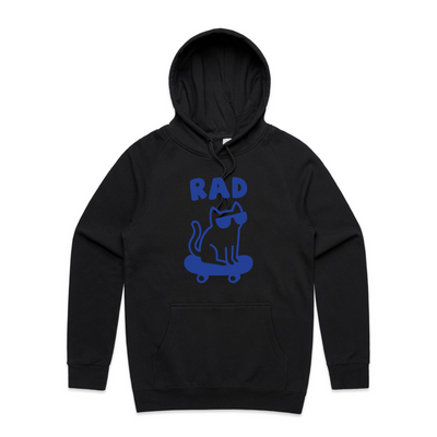 Rad Cat Hoodie by Lonely Kids Club. All clothing from our T-shirts to our shorts and hoodies are ethically made, and printed packed and shipped from Sydney.