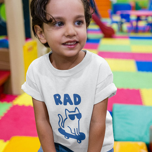 Rad Cat Kids Tee by Lonely Kids Club. All clothing from our T-shirts to our shorts and hoodies are ethically made, and printed packed and shipped from Sydney.