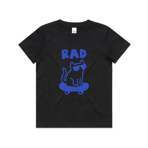 Rad Cat Kids Tee by Lonely Kids Club. All clothing from our T-shirts to our shorts and hoodies are ethically made, and printed packed and shipped from Sydney.