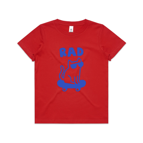 Rad Cat Kids Tee by Lonely Kids Club. All clothing from our T-shirts to our shorts and hoodies are ethically made, and printed packed and shipped from Sydney.