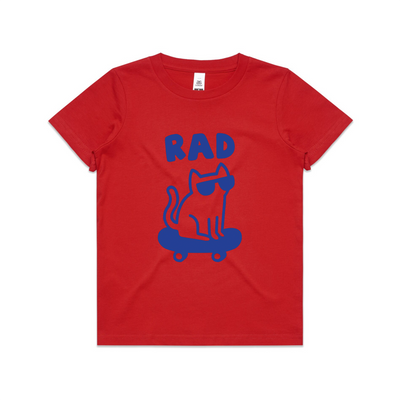 Rad Cat Kids Tee by Lonely Kids Club. All clothing from our T-shirts to our shorts and hoodies are ethically made, and printed packed and shipped from Sydney.