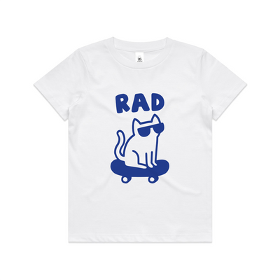 Rad Cat Kids Tee by Lonely Kids Club. All clothing from our T-shirts to our shorts and hoodies are ethically made, and printed packed and shipped from Sydney.