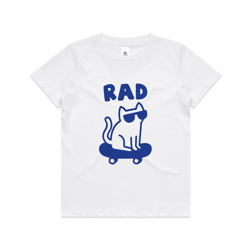 Rad Cat Kids Tee by Lonely Kids Club. All clothing from our T-shirts to our shorts and hoodies are ethically made, and printed packed and shipped from Sydney.