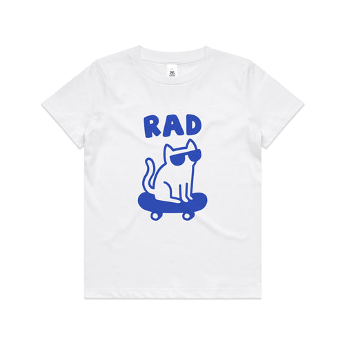 Rad Cat Kids Tee by Lonely Kids Club. All clothing from our T-shirts to our shorts and hoodies are ethically made, and printed packed and shipped from Sydney.