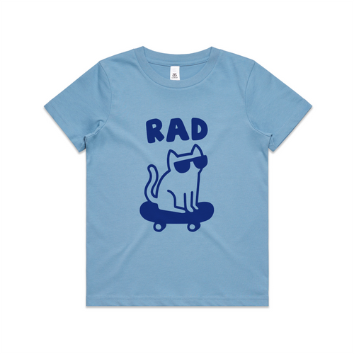 Rad Cat Kids Tee by Lonely Kids Club. All clothing from our T-shirts to our shorts and hoodies are ethically made, and printed packed and shipped from Sydney.
