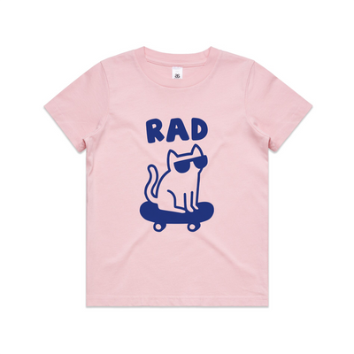 Rad Cat Kids Tee by Lonely Kids Club. All clothing from our T-shirts to our shorts and hoodies are ethically made, and printed packed and shipped from Sydney.