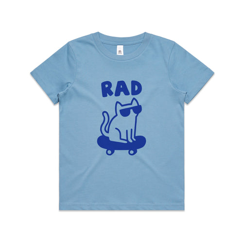 Rad Cat Kids Tee by Lonely Kids Club. All clothing from our T-shirts to our shorts and hoodies are ethically made, and printed packed and shipped from Sydney.