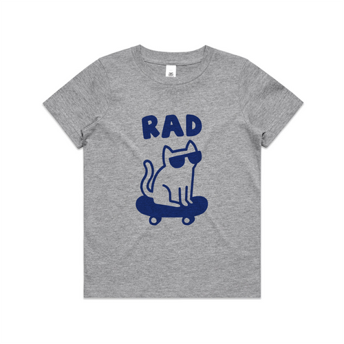 Rad Cat Kids Tee by Lonely Kids Club. All clothing from our T-shirts to our shorts and hoodies are ethically made, and printed packed and shipped from Sydney.