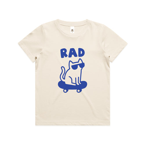 Rad Cat Kids Tee by Lonely Kids Club. All clothing from our T-shirts to our shorts and hoodies are ethically made, and printed packed and shipped from Sydney.