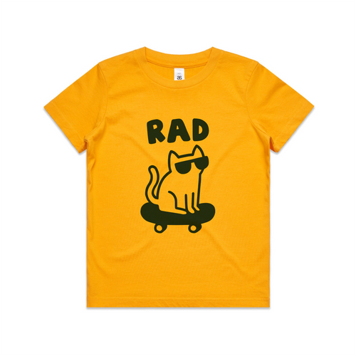Rad Cat Kids Tee by Lonely Kids Club. All clothing from our T-shirts to our shorts and hoodies are ethically made, and printed packed and shipped from Sydney.
