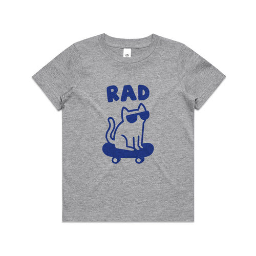 Rad Cat Kids Tee by Lonely Kids Club. All clothing from our T-shirts to our shorts and hoodies are ethically made, and printed packed and shipped from Sydney.