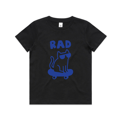 Rad Cat Kids Tee by Lonely Kids Club. All clothing from our T-shirts to our shorts and hoodies are ethically made, and printed packed and shipped from Sydney.