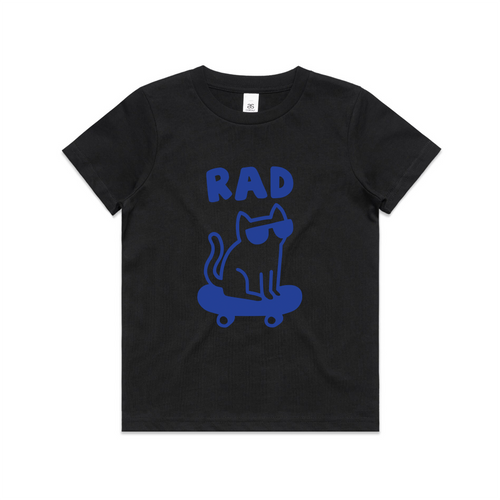 Rad Cat Kids Tee by Lonely Kids Club. All clothing from our T-shirts to our shorts and hoodies are ethically made, and printed packed and shipped from Sydney.