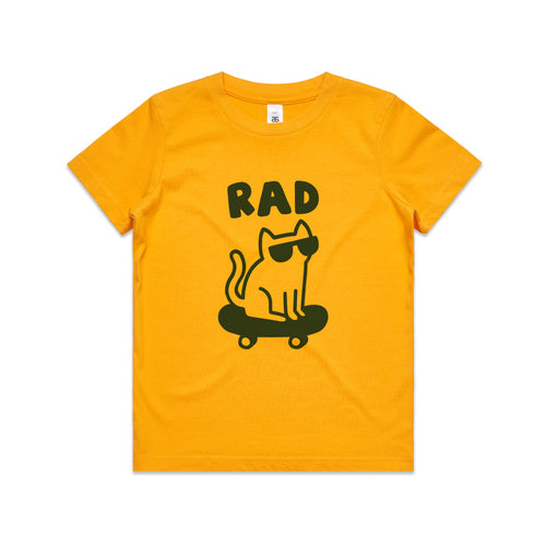 Rad Cat Kids Tee by Lonely Kids Club. All clothing from our T-shirts to our shorts and hoodies are ethically made, and printed packed and shipped from Sydney.