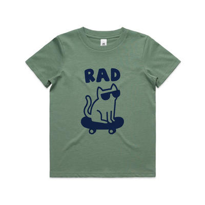 Rad Cat Kids Tee by Lonely Kids Club. All clothing from our T-shirts to our shorts and hoodies are ethically made, and printed packed and shipped from Sydney.