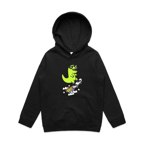 Rad Rex Kids Hoodie by Lonely Kids Club. All clothing from our T-shirts to our shorts and hoodies are ethically made, and printed packed and shipped from Sydney.