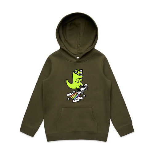 Rad Rex Kids Hoodie by Lonely Kids Club. All clothing from our T-shirts to our shorts and hoodies are ethically made, and printed packed and shipped from Sydney.