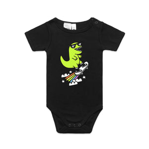 Rad Rex Baby Onesie by Lonely Kids Club. All clothing from our T-shirts to our shorts and hoodies are ethically made, and printed packed and shipped from Sydney.