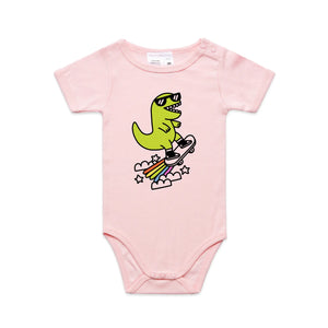 Rad Rex Baby Onesie by Lonely Kids Club. All clothing from our T-shirts to our shorts and hoodies are ethically made, and printed packed and shipped from Sydney.