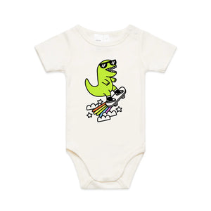 Rad Rex Baby Onesie by Lonely Kids Club. All clothing from our T-shirts to our shorts and hoodies are ethically made, and printed packed and shipped from Sydney.