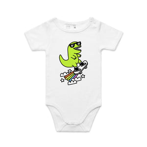Rad Rex Baby Onesie by Lonely Kids Club. All clothing from our T-shirts to our shorts and hoodies are ethically made, and printed packed and shipped from Sydney.
