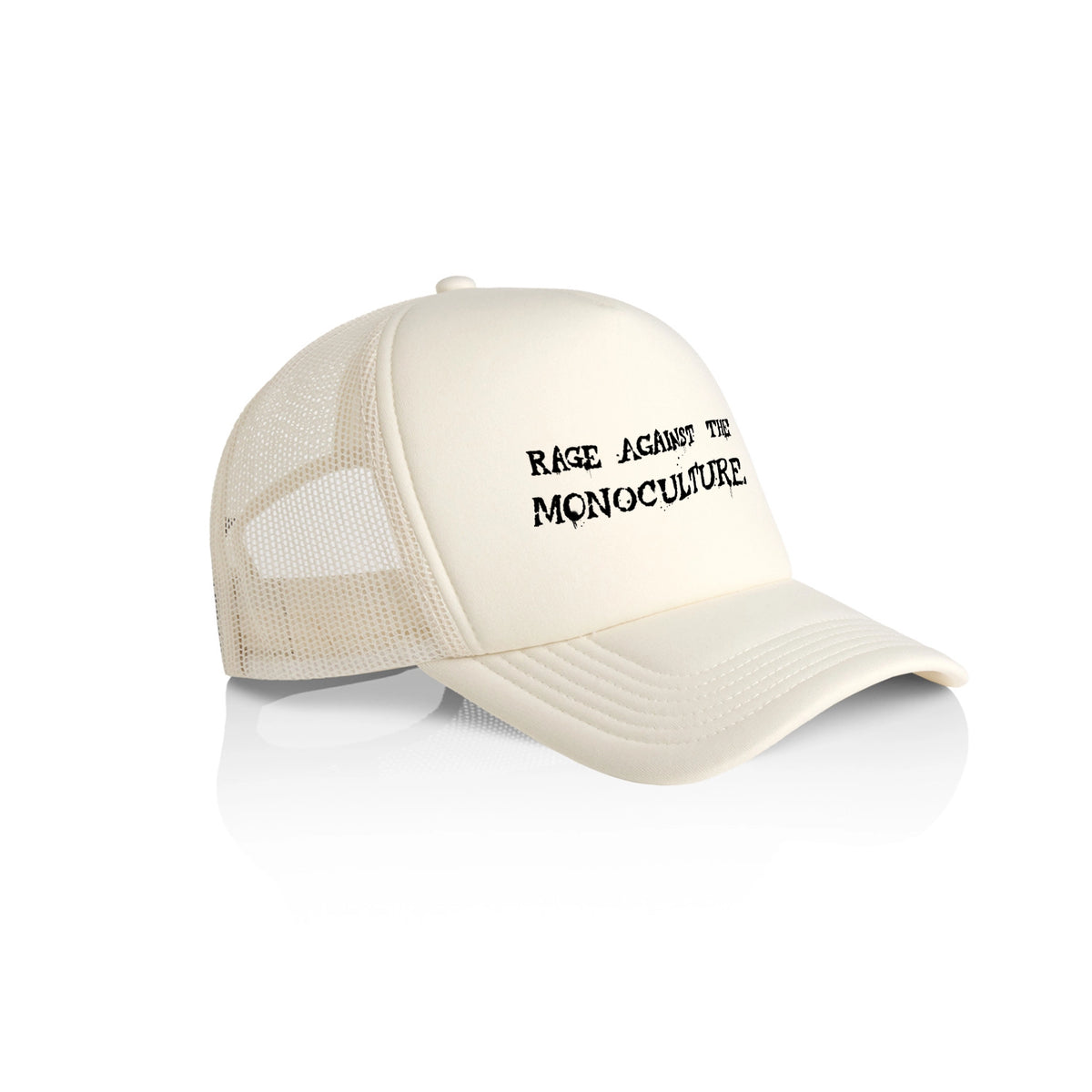 Ecru trucker cap with Rage Against The Monoculture Hat graphic by Lonely Kids Club