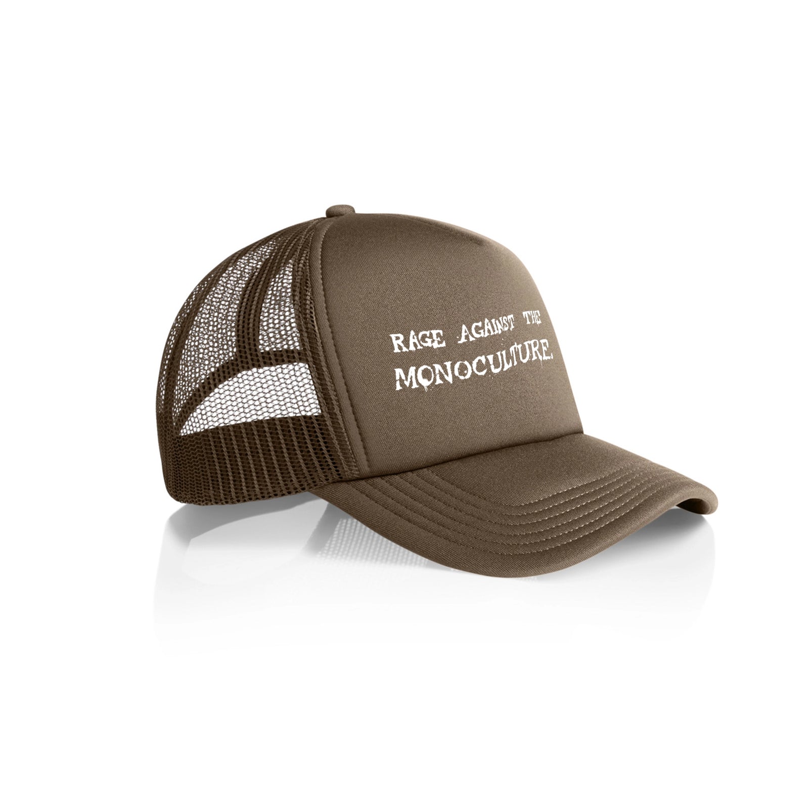 Walnut trucker cap with Rage Against The Monoculture Hat graphic by Lonely Kids Club