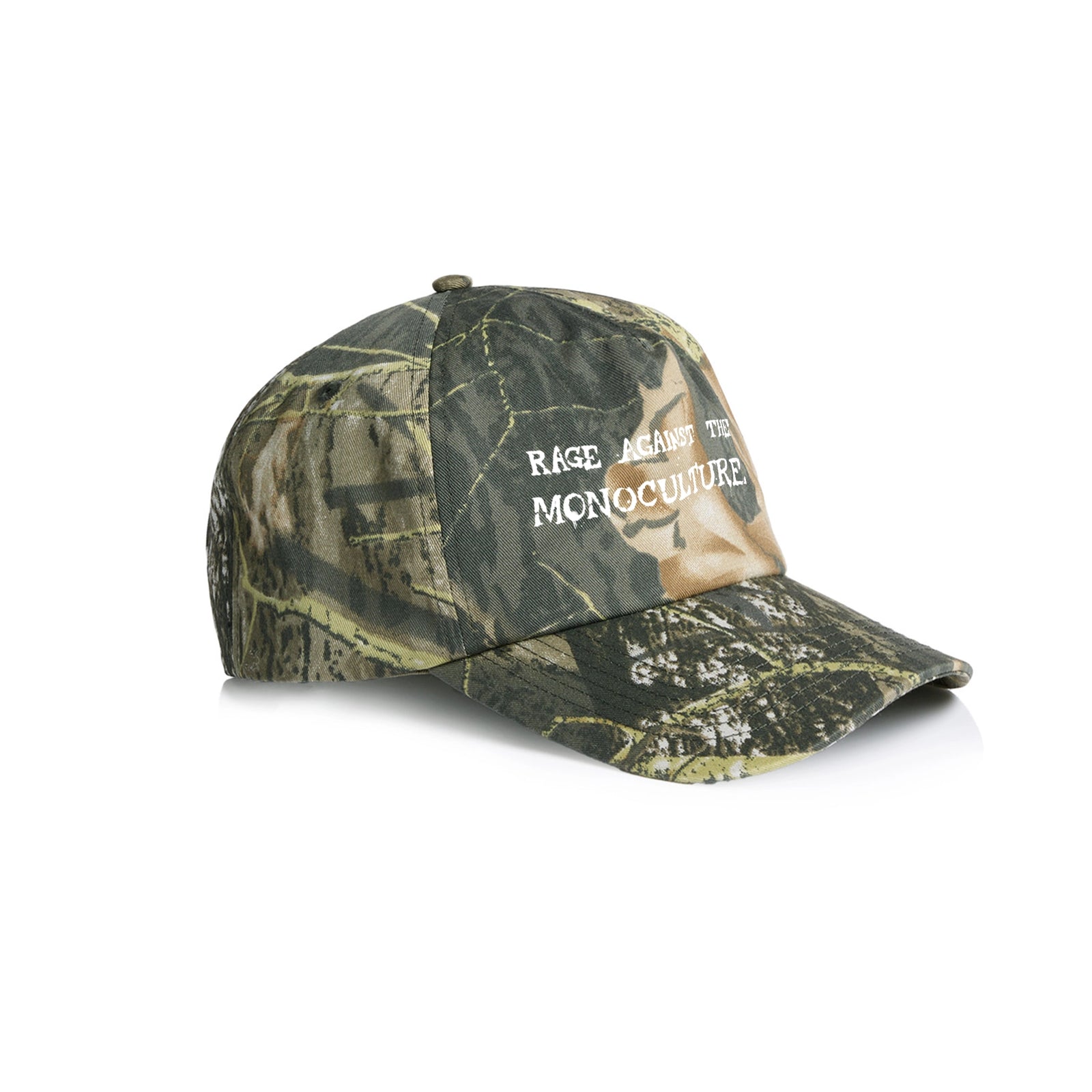 Camouflage trucker cap with Rage Against The Monoculture Hat graphic by Lonely Kids Club