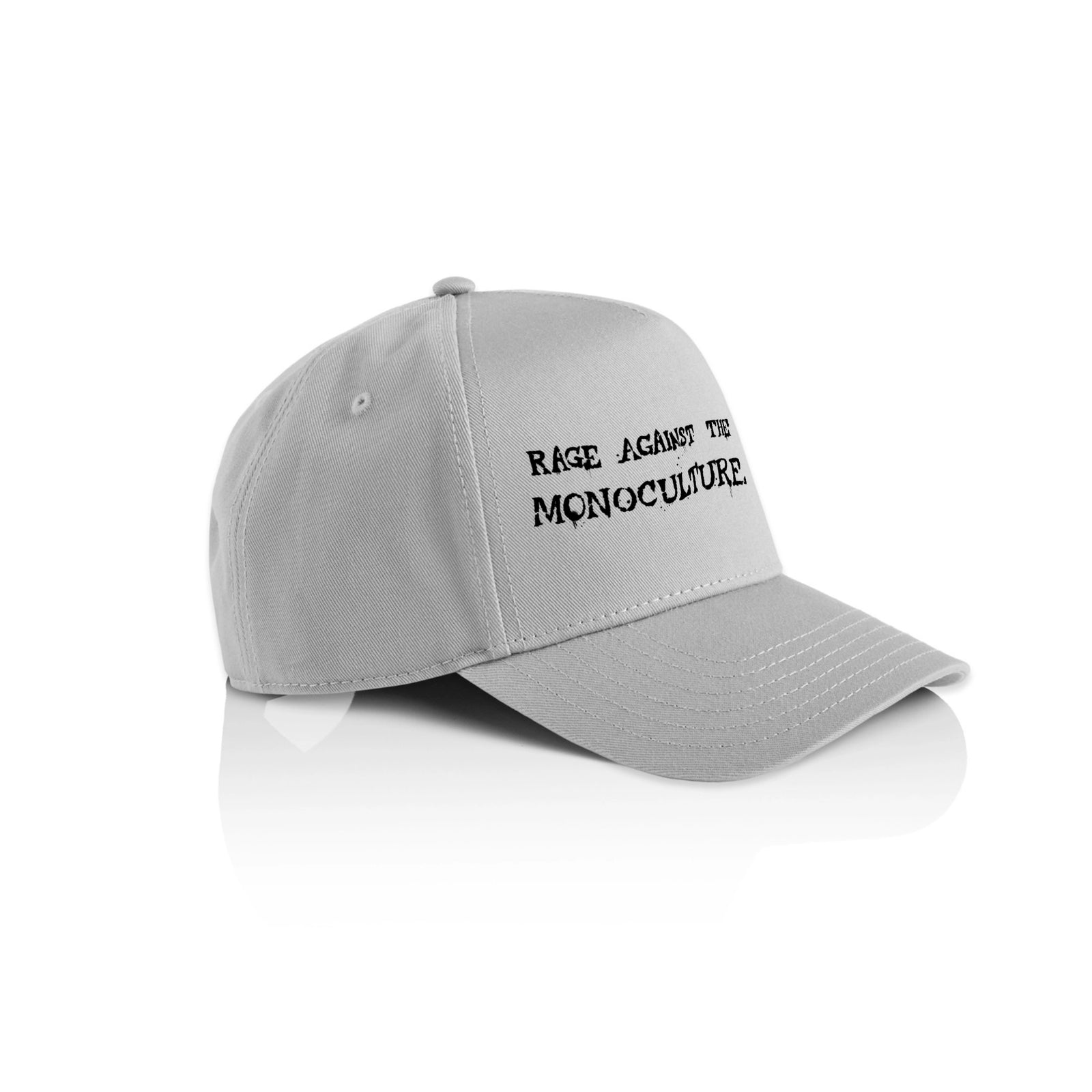 Grey trucker cap with Rage Against The Monoculture Hat graphic by Lonely Kids Club