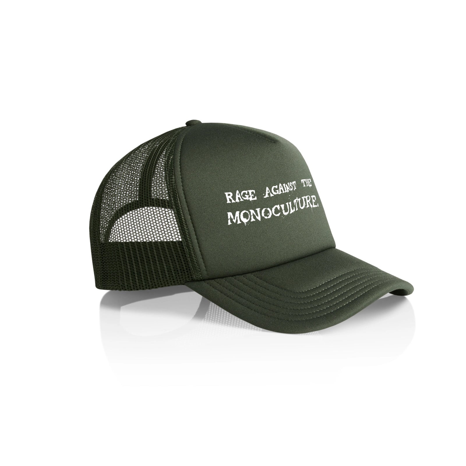 Army trucker cap with Rage Against The Monoculture Hat graphic by Lonely Kids Club