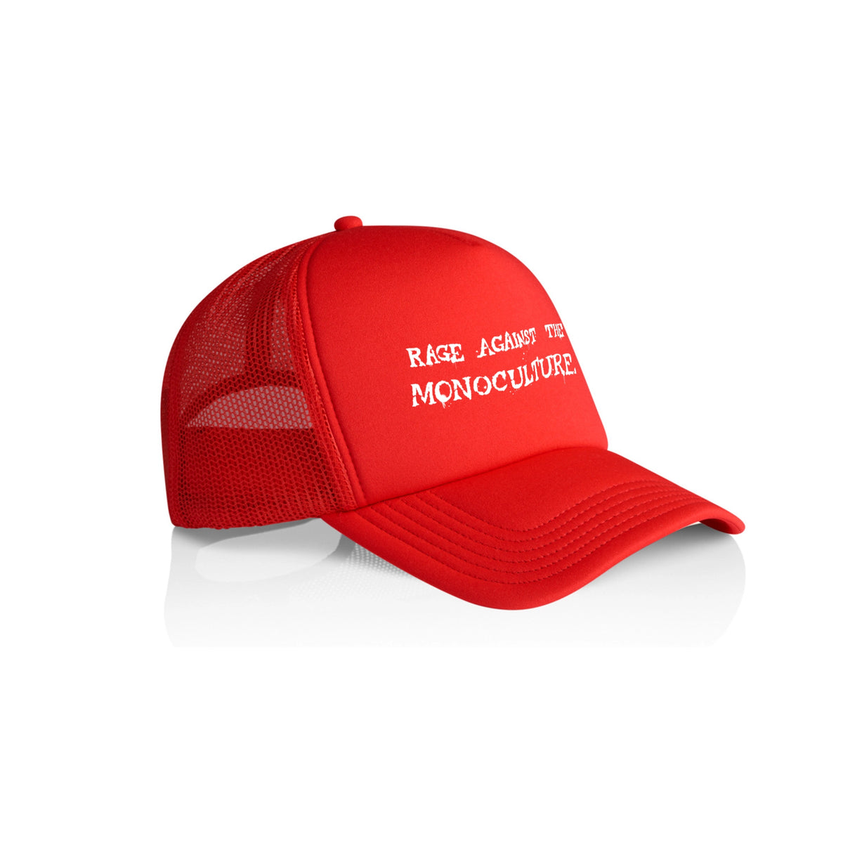Red trucker cap with Rage Against The Monoculture Hat graphic by Lonely Kids Club
