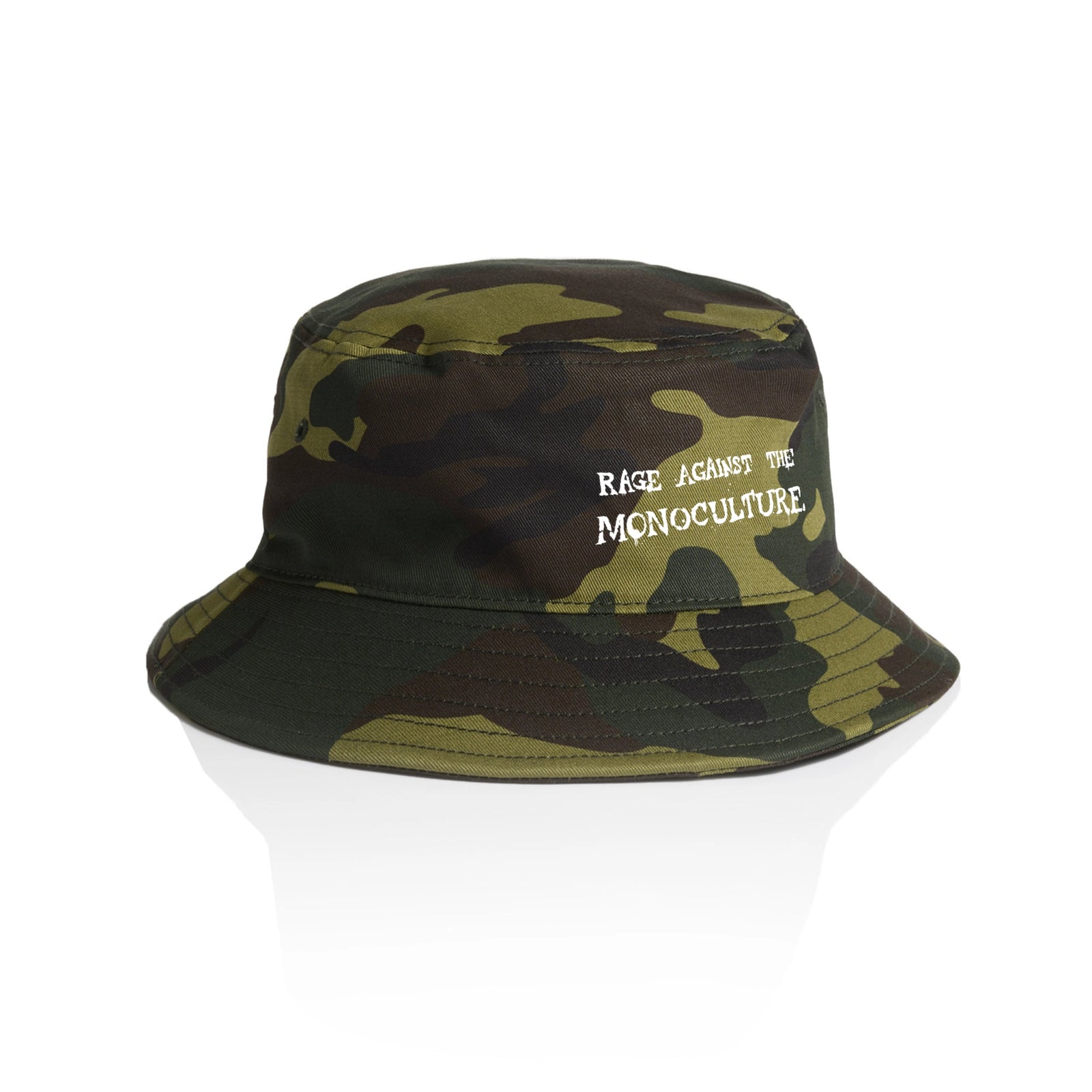 Camouflage bucket hat with Rage Against The Monoculture Hat graphic by Lonely Kids Club