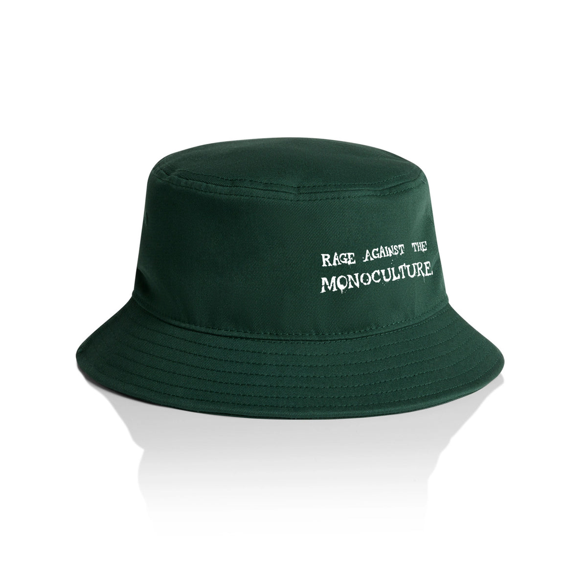 Forest Green bucket hat with Rage Against The Monoculture Hat graphic by Lonely Kids Club