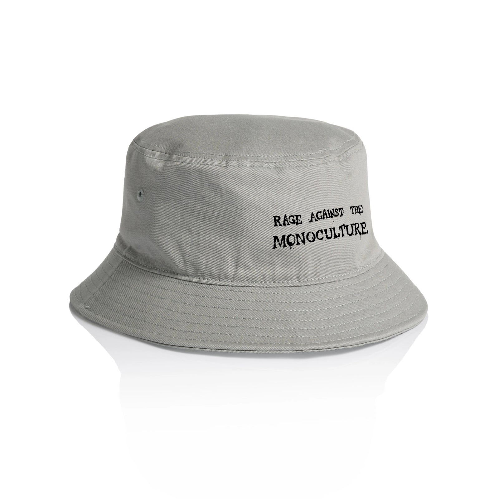 Grey bucket hat with Rage Against The Monoculture Hat graphic by Lonely Kids Club