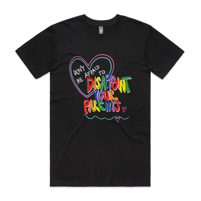 Disappoint Your Parents Rainbow Tee by Lonely Kids Club. All clothing from our T-shirts to our shorts and hoodies are ethically made, and printed packed and shipped from Sydney.