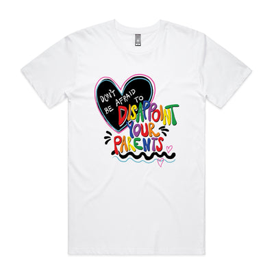 Disappoint Your Parents Rainbow Tee by Lonely Kids Club. All clothing from our T-shirts to our shorts and hoodies are ethically made, and printed packed and shipped from Sydney.