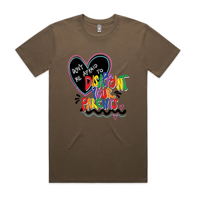 Disappoint Your Parents Rainbow Tee by Lonely Kids Club. All clothing from our T-shirts to our shorts and hoodies are ethically made, and printed packed and shipped from Sydney.