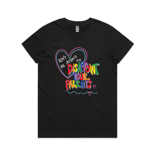 Disappoint Your Parents Rainbow Tee by Lonely Kids Club. All clothing from our T-shirts to our shorts and hoodies are ethically made, and printed packed and shipped from Sydney.