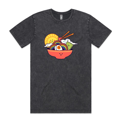 Rainbow Ramen Tee by Lonely Kids Club. All clothing from our T-shirts to our shorts and hoodies are ethically made, and printed packed and shipped from Sydney.