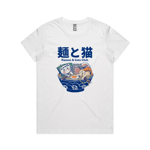 Ramen & Cats Club Tee by Lonely Kids Club. All clothing from our T-shirts to our shorts and hoodies are ethically made, and printed packed and shipped from Sydney.