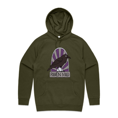 Raven Mad Hoodie by Lonely Kids Club. All clothing from our T-shirts to our shorts and hoodies are ethically made, and printed packed and shipped from Sydney.
