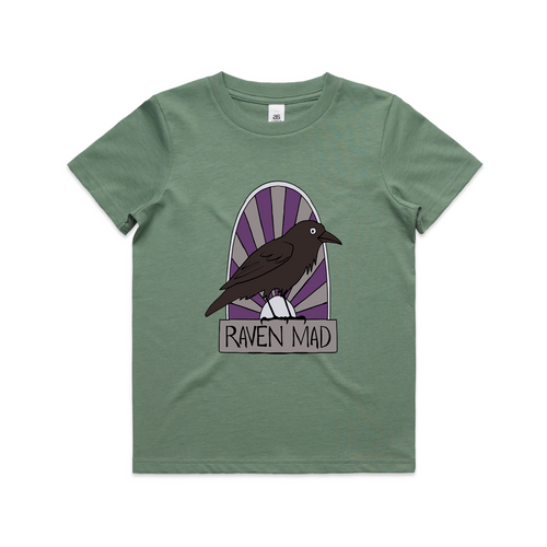 Raven Mad Kids Tee by Lonely Kids Club. All clothing from our T-shirts to our shorts and hoodies are ethically made, and printed packed and shipped from Sydney.
