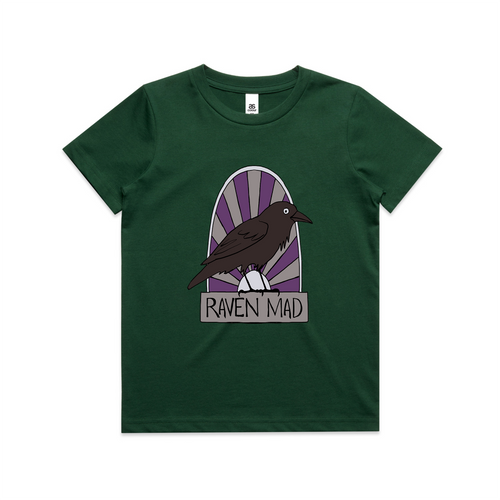 Raven Mad Kids Tee by Lonely Kids Club. All clothing from our T-shirts to our shorts and hoodies are ethically made, and printed packed and shipped from Sydney.